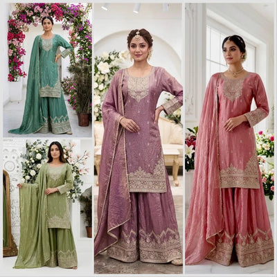 Elegant Embroidered Frendy Silk Top Palazzo Set with Dupatta for Festive Wear