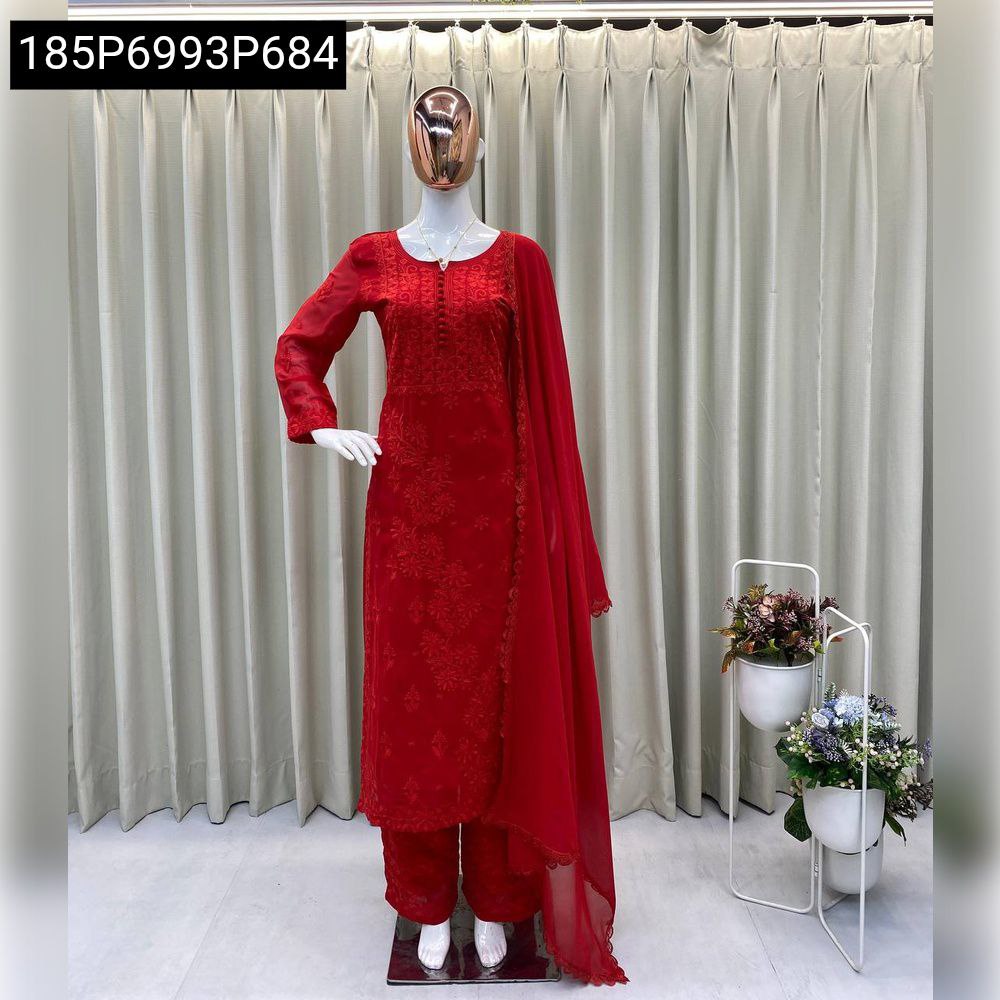 Full-length view of a red embroidered georgette suit set displayed on a mannequin