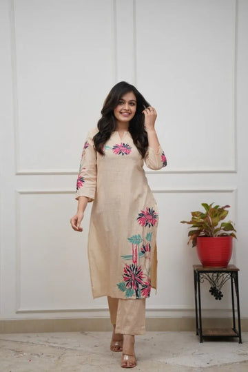 Elegant Embroidered Kurta Set - Festive Cotton Blend Wear for Women