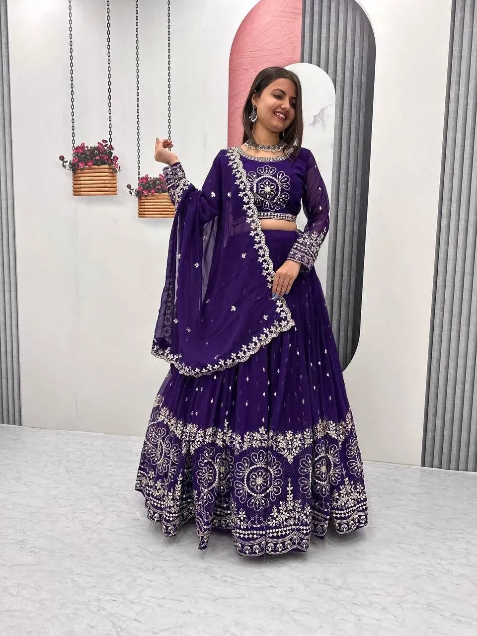 Lavender Georgette Lehenga Choli with Heavy Sequence Embroidery
