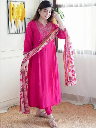 Elegant Embroidered Muslin Kurti Set with Silk Dupatta | S-XXL