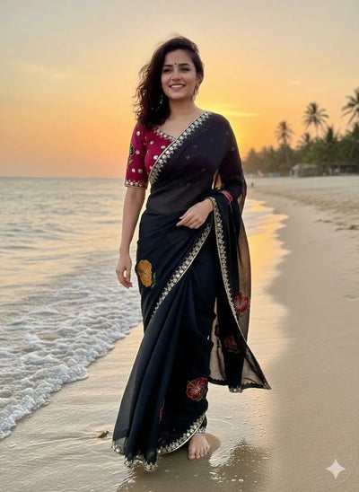 Elegant Embroidered Saree - Mirror Work Georgette for Women