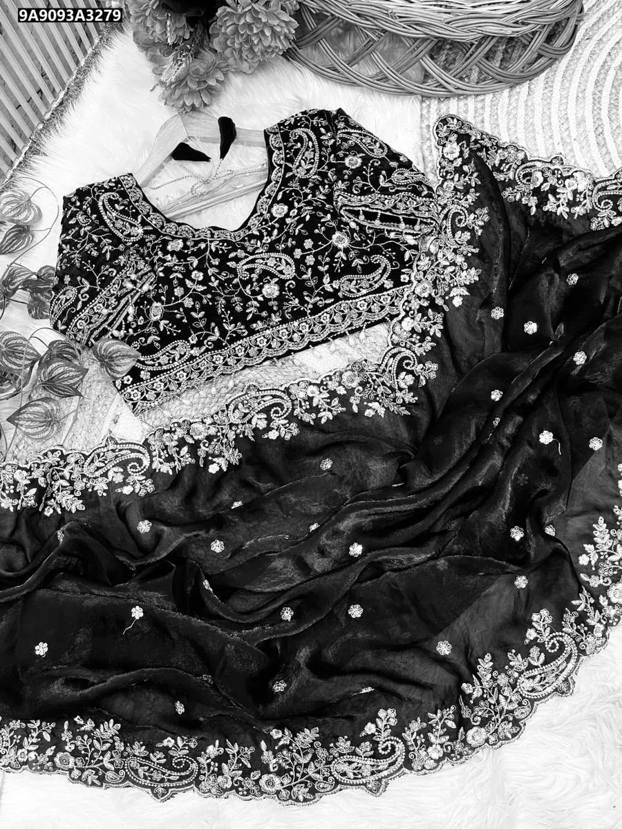 TRENDBUY Elegant Black Satin Saree with Heavy Embroidery and Sequence Work Blouse Flat Lay
