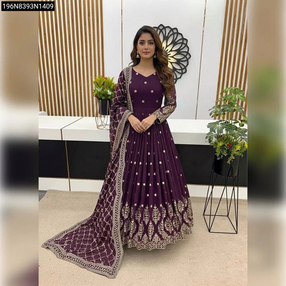 TRENDBUY Model wearing Royal Purple Embroidered Sequence Anarkali Suit, front view