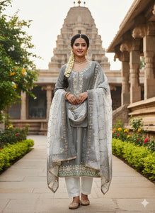 Elegant Embroidered Silk Suit - Festive Dress Material for Women