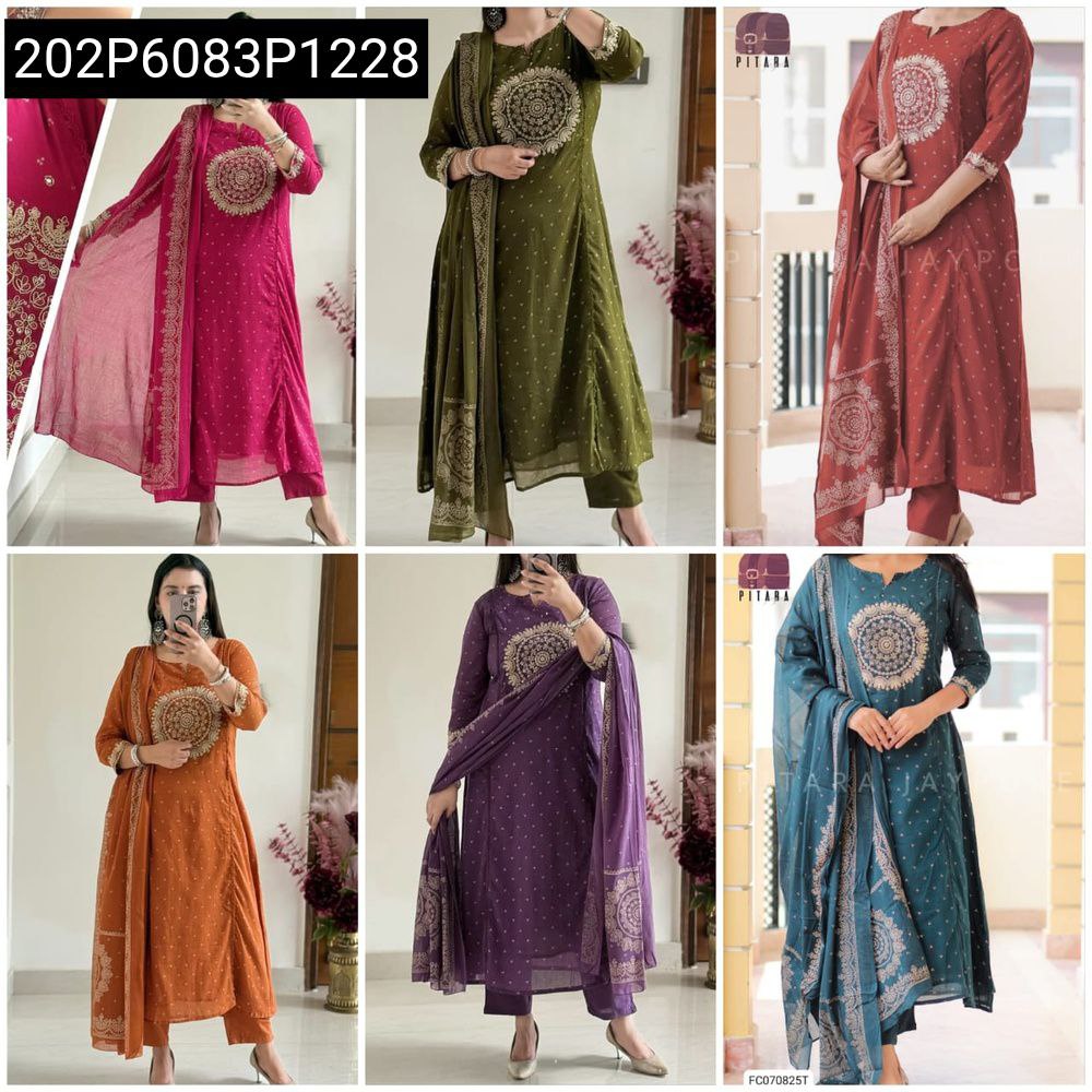 Elegant Embroidered Women's Cotton Kurti Pant Dupatta Set, multi-color display with Fuchsia, Olive Green, Rust, Orange, Purple, Teal