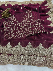 Premium Fandy Chiffon Embroidered Party Wear Saree with Arco Cut Work Border