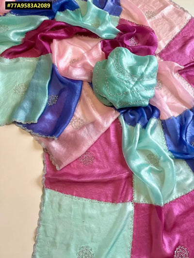 Elegant Fandy Satin Saree - Multi-Print & Siroski Work for Women