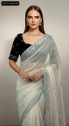 Premium Faux Georgette Floral Sequin Saree with Embroidered Velvet Blouse