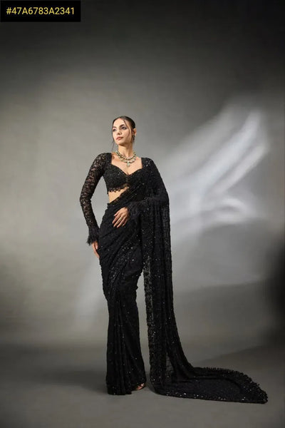 Elegant Faux Georgette Saree - Heavy Sequin Embroidery for Festive Wear