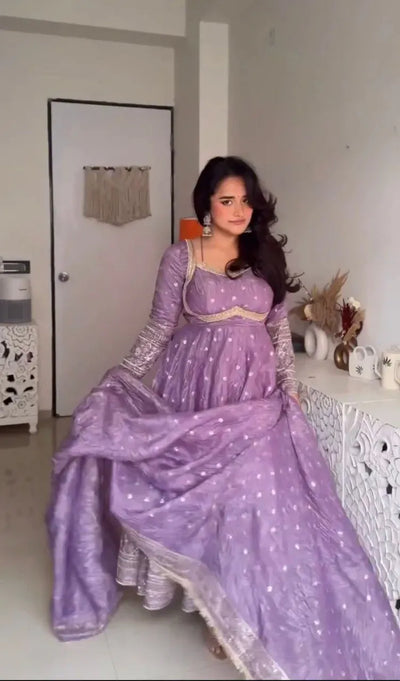 Elegant Fendy Silk Gown Set - Sequence Embroidery for Festive Wear