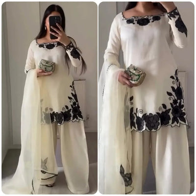 Elegant Fendy Silk Kurti Plazo Set - Intricate Thread & Sequin Work for Women