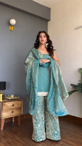 Elegant Fendy Silk Kurti Plazo Set - Thread & Sequin Work for Women