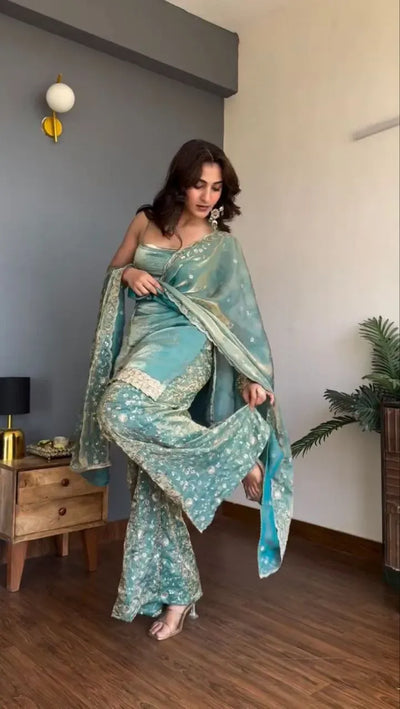 Elegant Fendy Silk Kurti Plazo Set - Thread & Sequin Work for Women