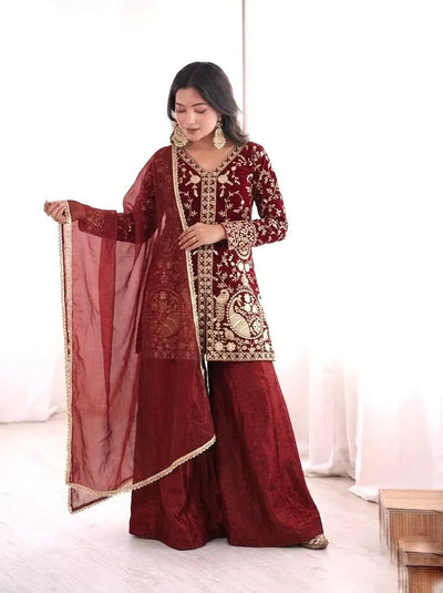 Elegant Fendy Silk Palazzo Kurti Set - Heavy Embroidery Festive Wear for Women