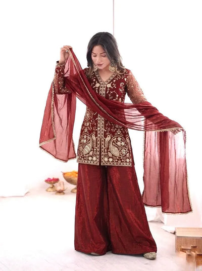 Elegant Fendy Silk Palazzo Kurti Set - Heavy Embroidery Festive Wear for Women