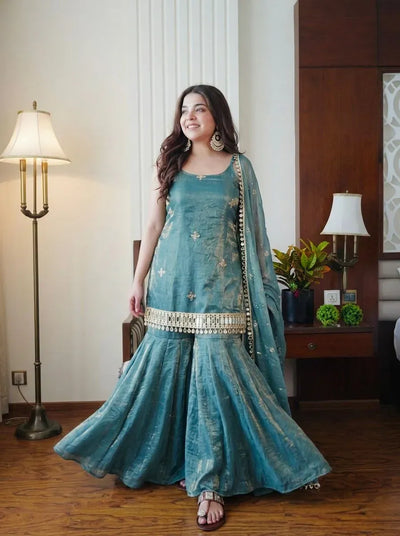 Elegant Fendy Silk Sharara Set - Real Mirror Work Festive Wear