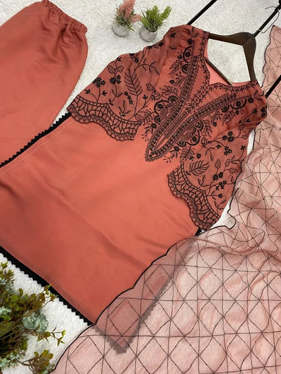 Elegant Festive Cotton Palazzo Suit - Sequence Embroidered Set with Dupatta