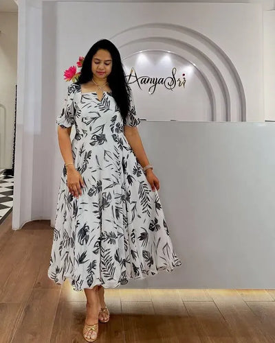 Elegant Flared Georgette Gown - Stunning Floral Print Festive Wear for Women