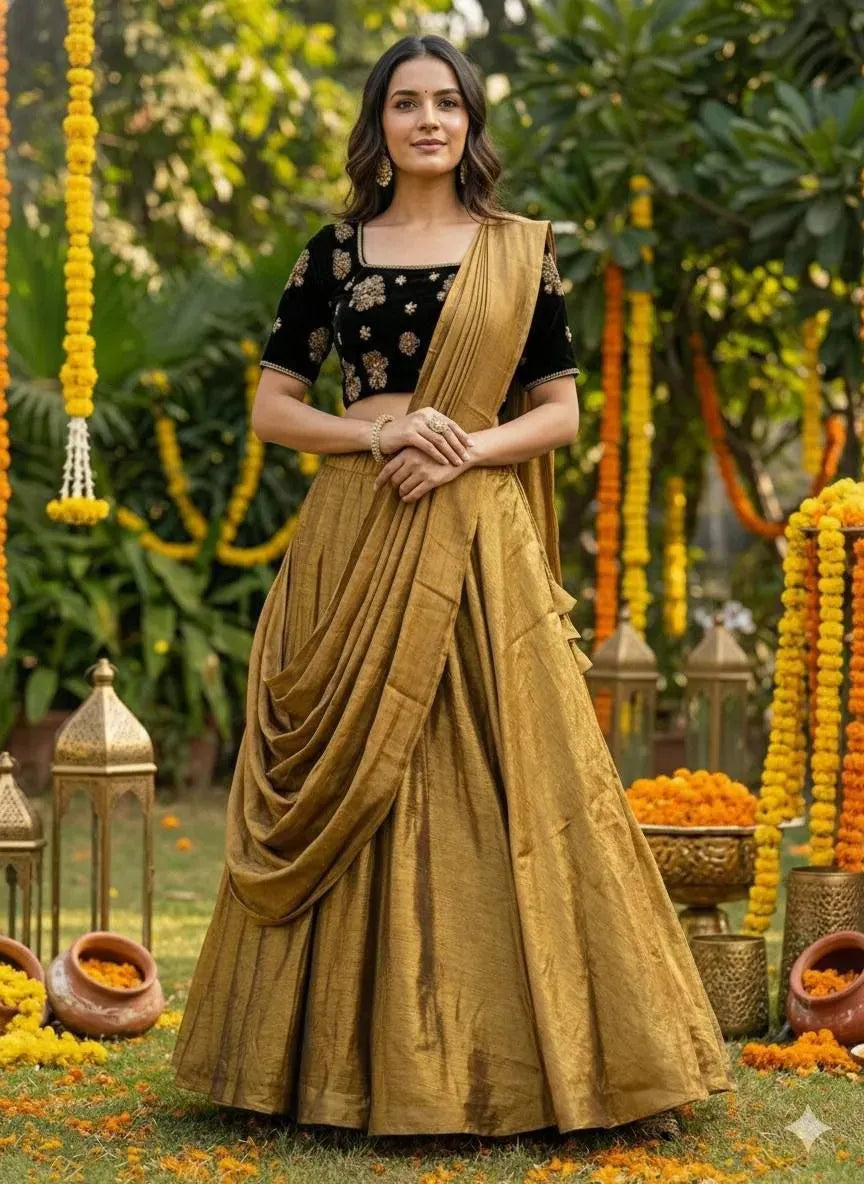 Exclusive Space Silk Flared Lehenga Set with Pre-Stitched Half Saree Drape