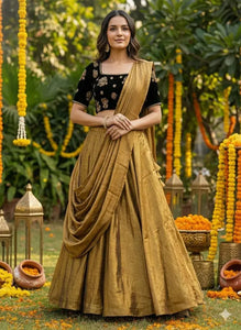 Exclusive Space Silk Flared Lehenga Set with Embroidered Velvet Blouse and Modern Half-Saree Drape
