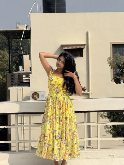 Elegant Floral Alfino Chiffon Maxi Gown - Sleeveless & Lightweight Party Wear for Women