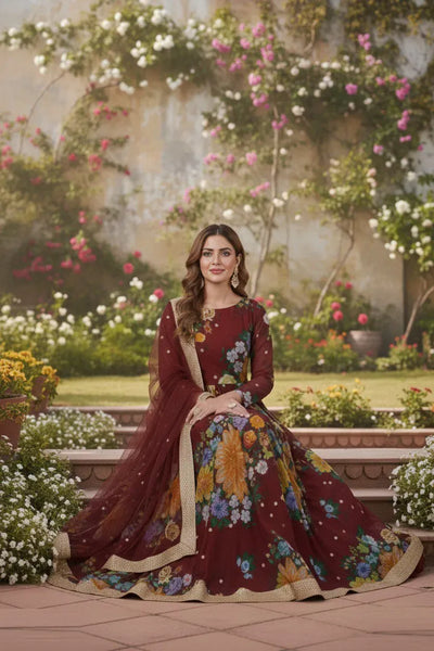 Elegant Floral Anarkali Gown Set - Traditional Style for Festive & Party Wear