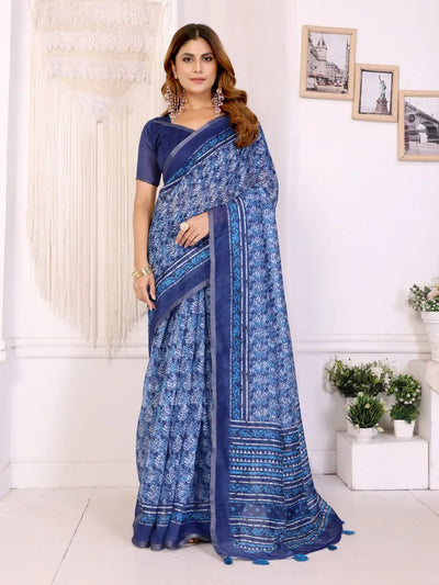Elegant Floral Chanderi Saree - Royal Blue Digital Print Festive Wear for Women