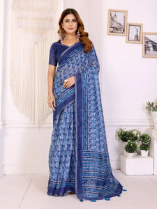 Elegant Floral Chanderi Saree - Royal Blue Digital Print Festive Wear for Women