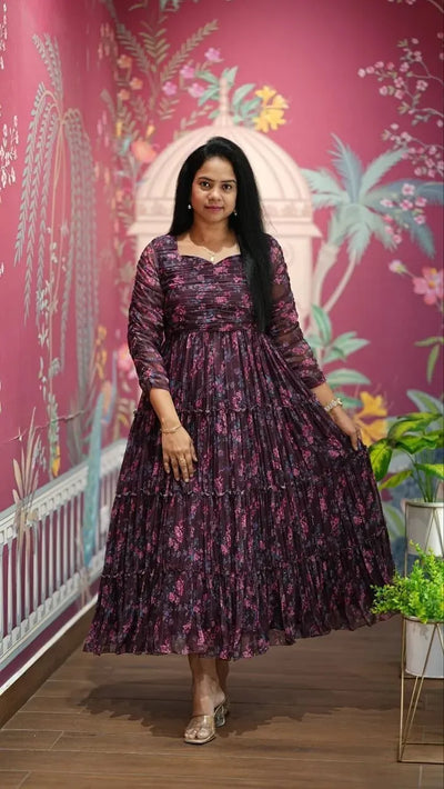 Elegant Floral Chiffon Dress - Tiered Festive Wear for Women