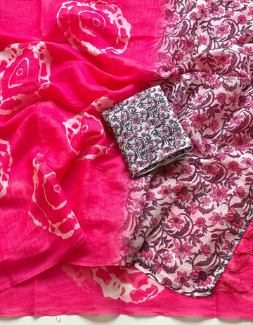 Elegant Floral Cotton Linen Saree with Designer Blouse - Festive Wear for Women
