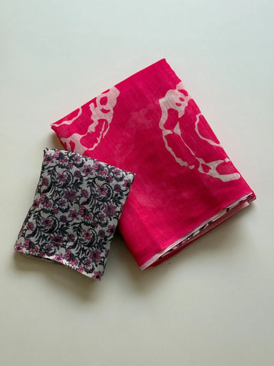 Elegant Floral Cotton Linen Saree with Designer Blouse - Festive Wear for Women