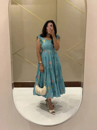 Elegant Floral Cotton Maxi Dress - Gingham Print Summer Sundress for Women
