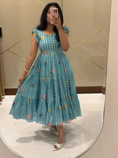 Elegant Floral Cotton Maxi Dress - Gingham Print Summer Sundress for Women