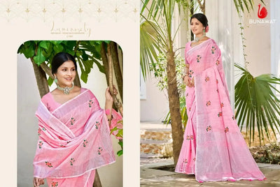 Elegant Floral Embroidered Linen Saree with Blouse Piece for Festive Wear