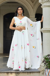 Elegant Floral Georgette Lehenga Set with Hand-Painted Art for Festive Wear