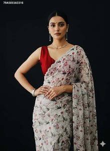 Elegant Floral Georgette Saree - Siroski Scalloped Party Wear
