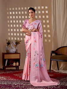 Elegant Floral Georgette Saree - Soft Pastel Pink Festive Wear for Women