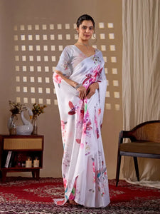 Elegant Floral Georgette Saree - Soft Satin Digital Print Festive Wear for Women