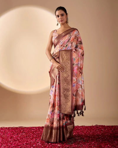 Elegant Floral Lichi Silk Saree with Golden Zari Border