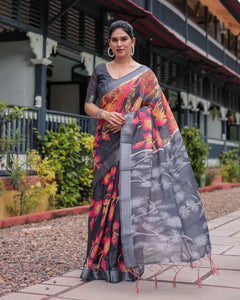 Elegant Floral Linen Cotton Saree - Comfortable Festive Wear for Women
