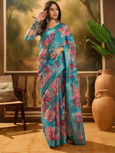 Elegant Floral Linen Cotton Saree - Lightweight Digital Print Festive Wear for Women