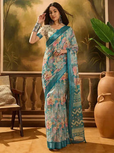 Elegant Floral Linen Cotton Saree - Lightweight Festive & Office Wear for Women