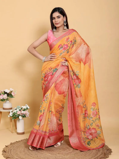 Elegant Floral Linen Cotton Saree - Lightweight Festive Wear for Women