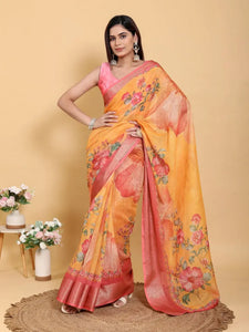 Elegant Floral Linen Cotton Saree - Lightweight Festive Wear for Women