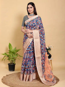 Elegant Floral Linen Cotton Saree - Luxe Copper Border Festive Collection for Women