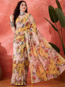 Elegant Floral Linen Cotton Saree - Vibrant Festive Wear for Women