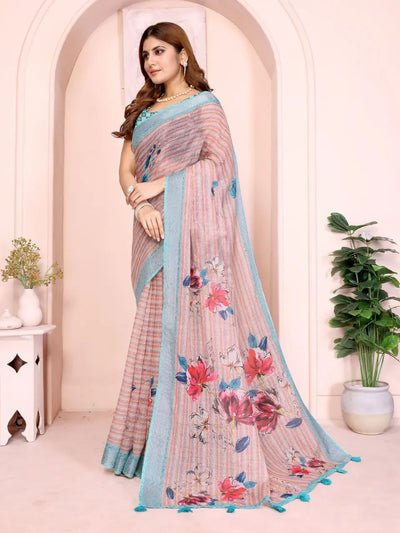 Elegant Floral Linen Cotton Saree with Designer Blouse - Festive Wear for Women