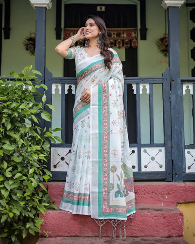 Elegant Floral Linen Cotton Saree with Designer Blouse - Lightweight Festive Wear for Women