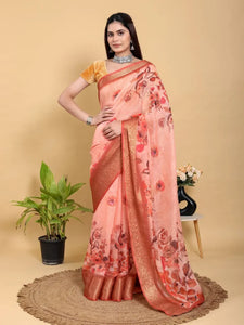 Elegant Floral Linen Cotton Saree with Jacquard Border - Festive Wear for Women
